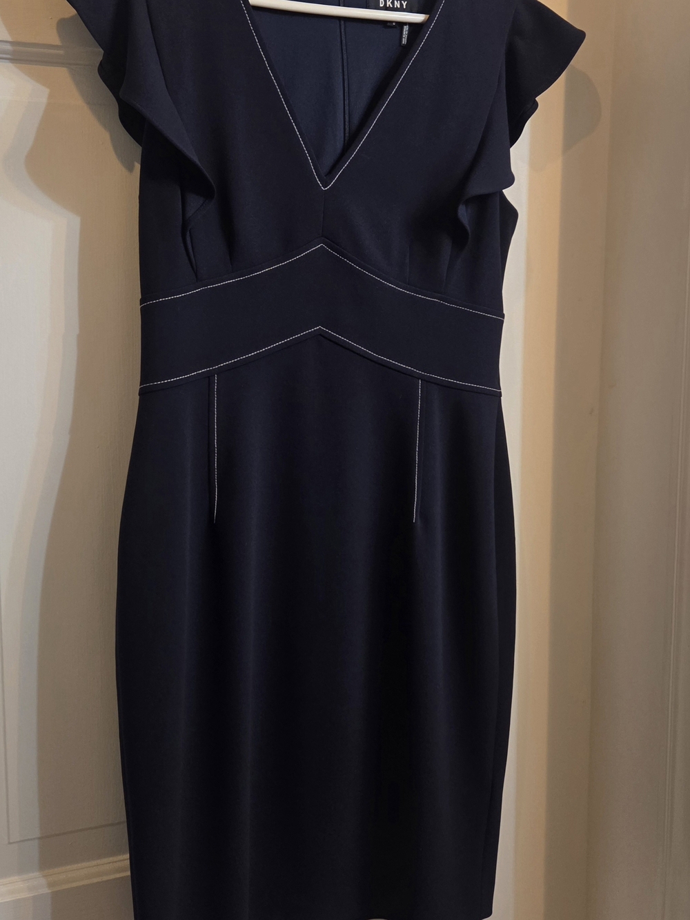 DKNY Navy V-Neck Ruffle Sleeve Midi Dress